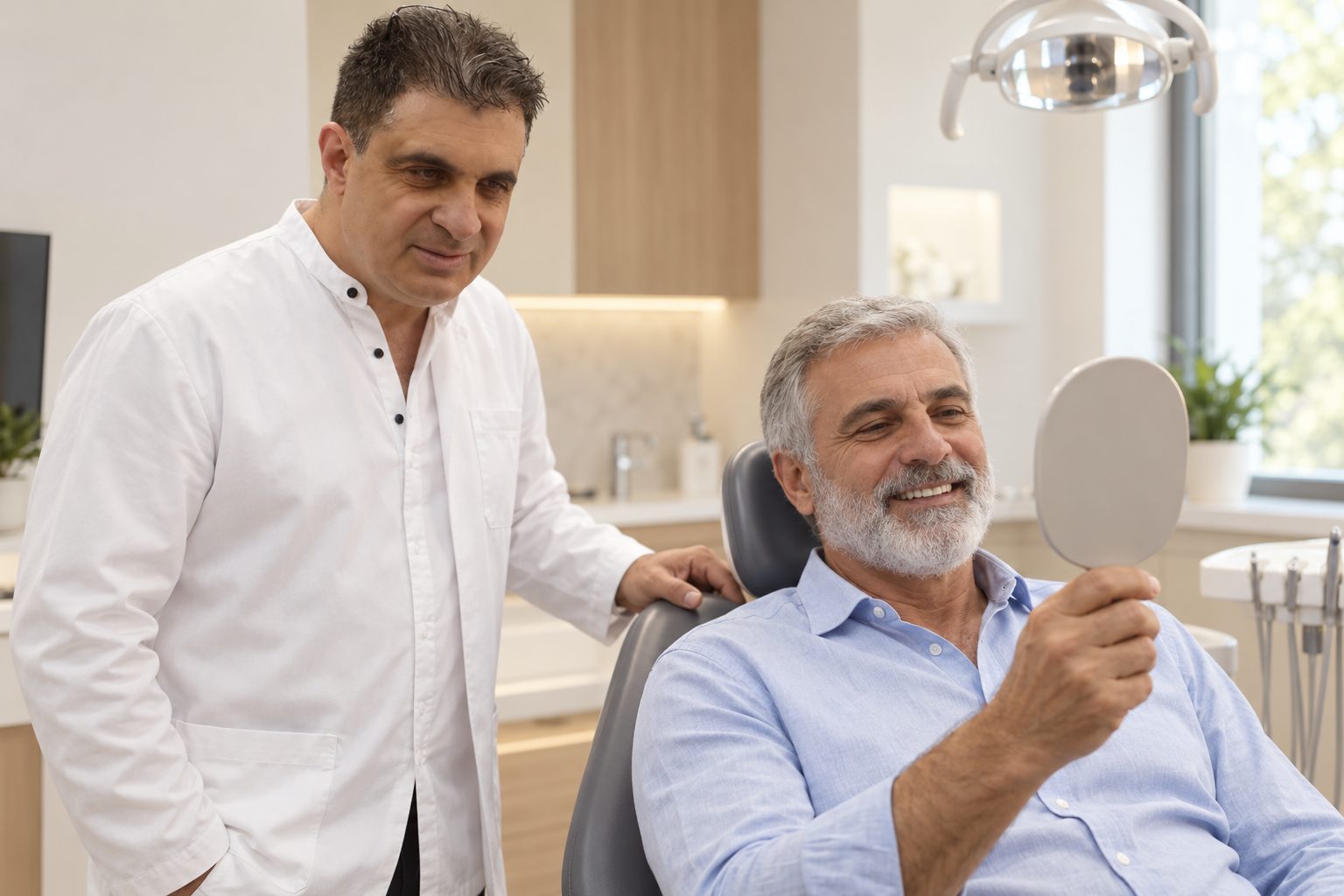 מטופל רואה במראה את השיניים החדשות אחרי העמסה מיידית